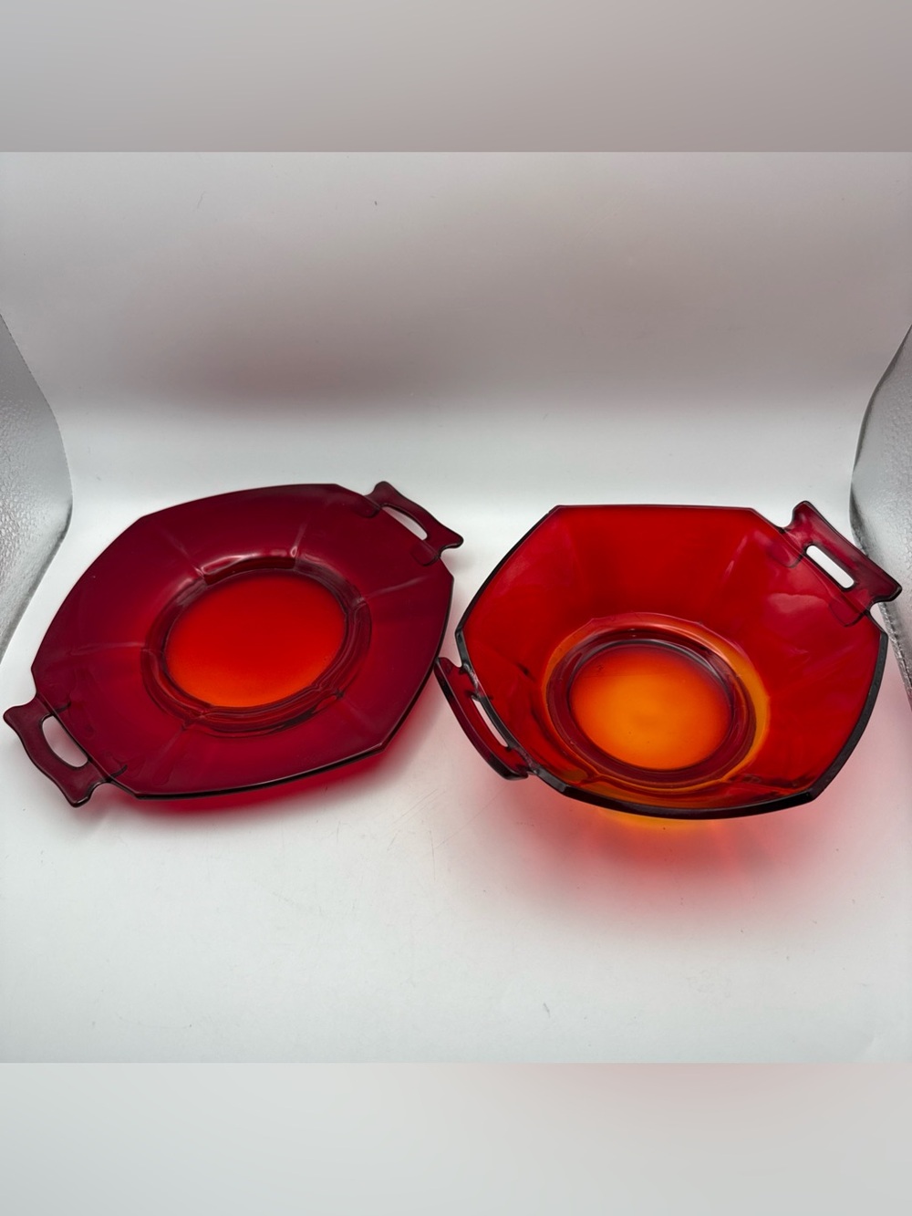 Vintage (Martinville?) Ruby Red & Cadmium Glow Handled Double Dish & Bowl Set
